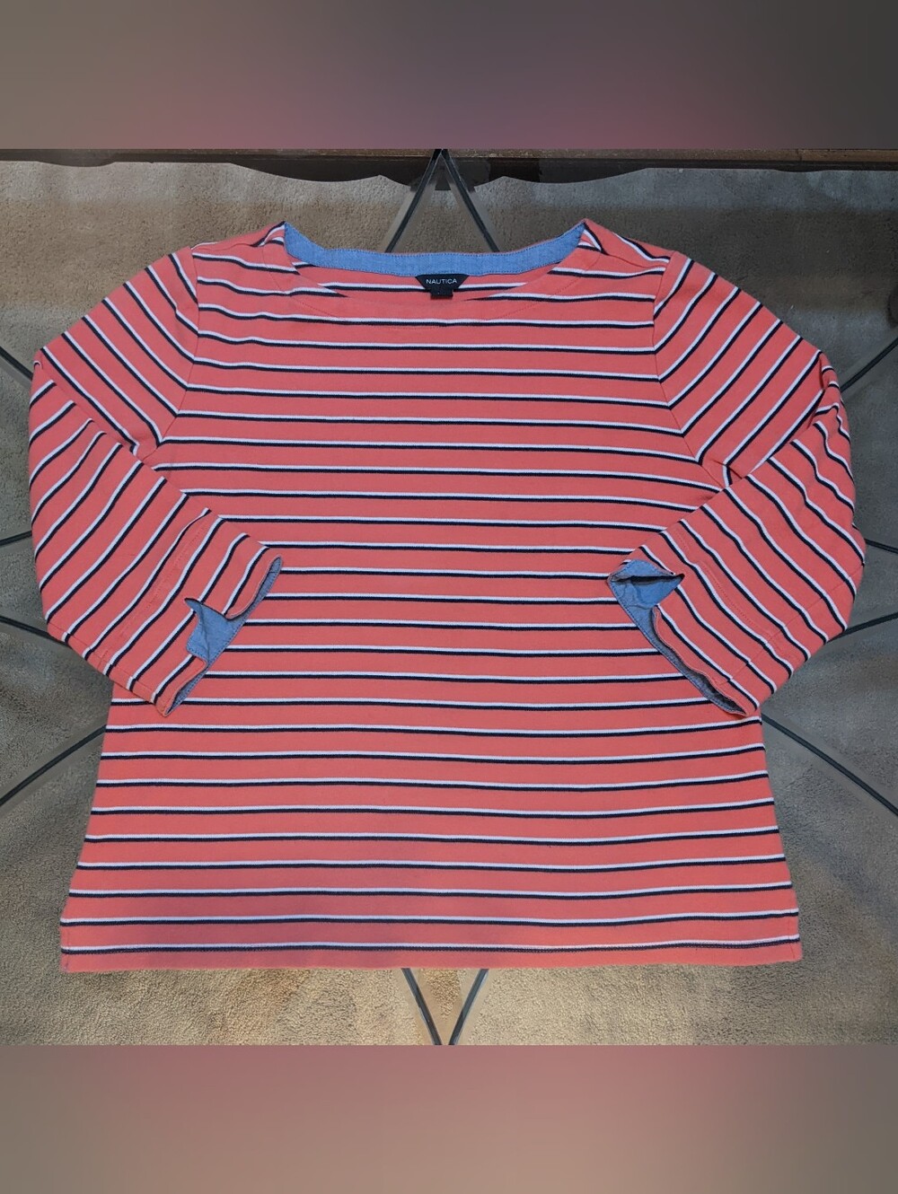 Striped Salmon and Blue Nautica 3/4 Sleeve Top